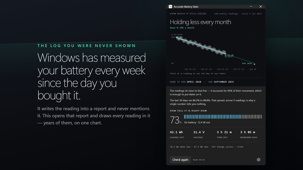 Windows has measured your battery every week for months, and never shows you. This opens that log.