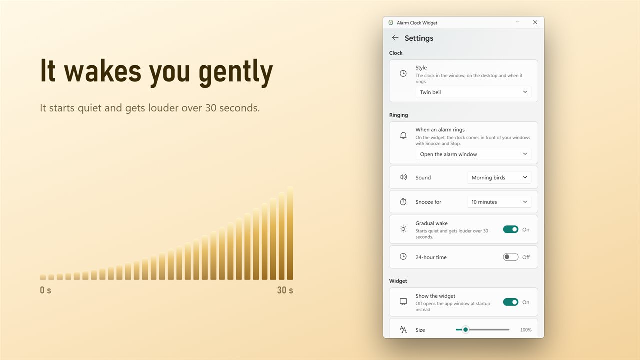 Gradual wake starts quiet and gets louder over 30 seconds. Pick bells, beeps or birds.