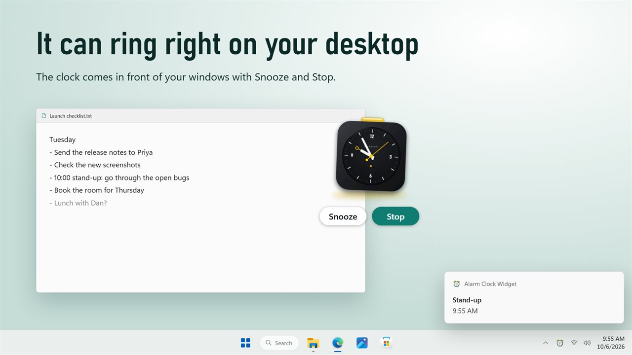 Ring on the widget: the clock comes in front of your windows with Snooze and Stop.