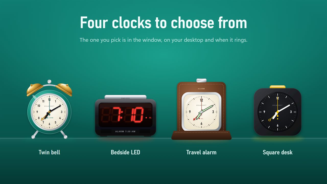 Four clocks to choose from: Twin bell, Bedside LED, Travel alarm and Square desk.