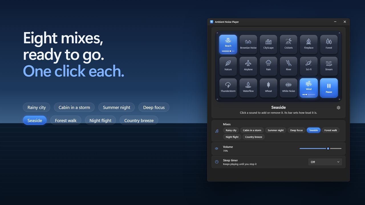 Eight ready-made mixes, one click each.