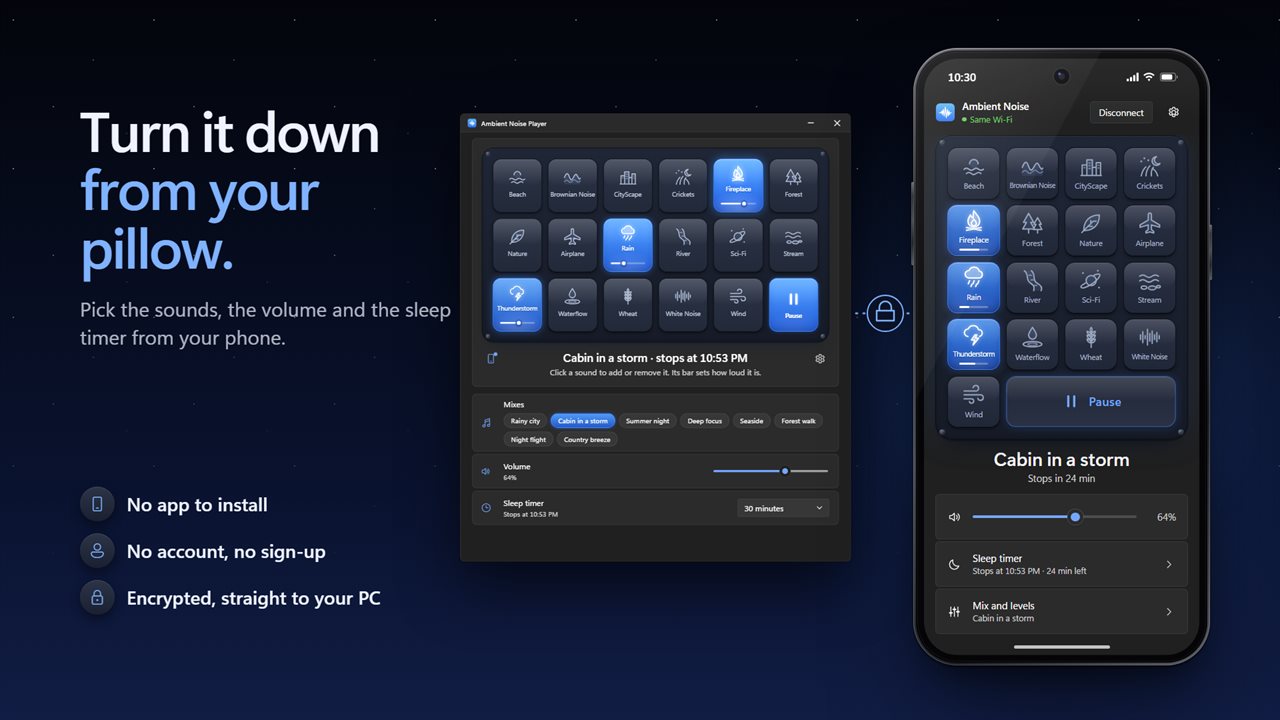 Use your phone as a bedside remote. No app to install, no account, and an encrypted link straight to your PC.