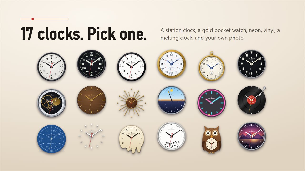 17 clock faces, from a station clock and a gold pocket watch to neon, vinyl and a melting clock.