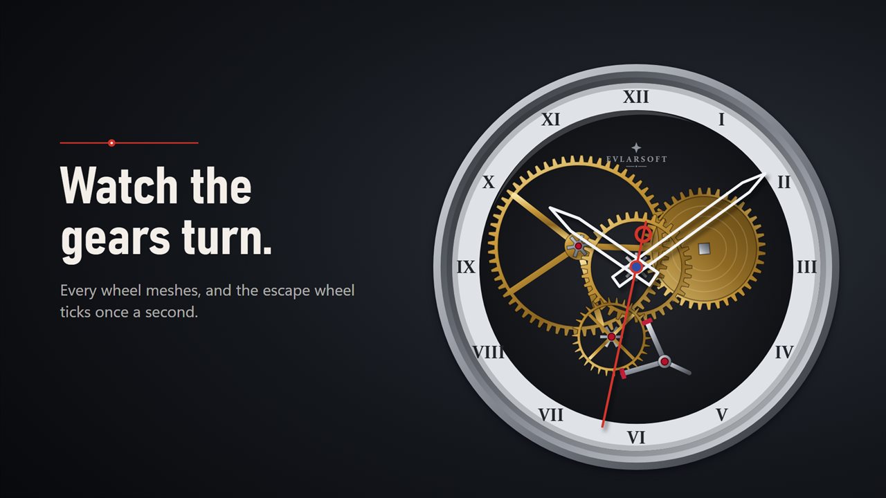 The skeleton clock's gears really mesh, and the escape wheel ticks once a second.