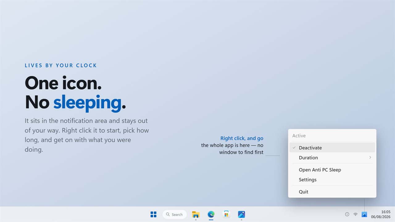 The whole app lives in one notification-area icon, a right click away.