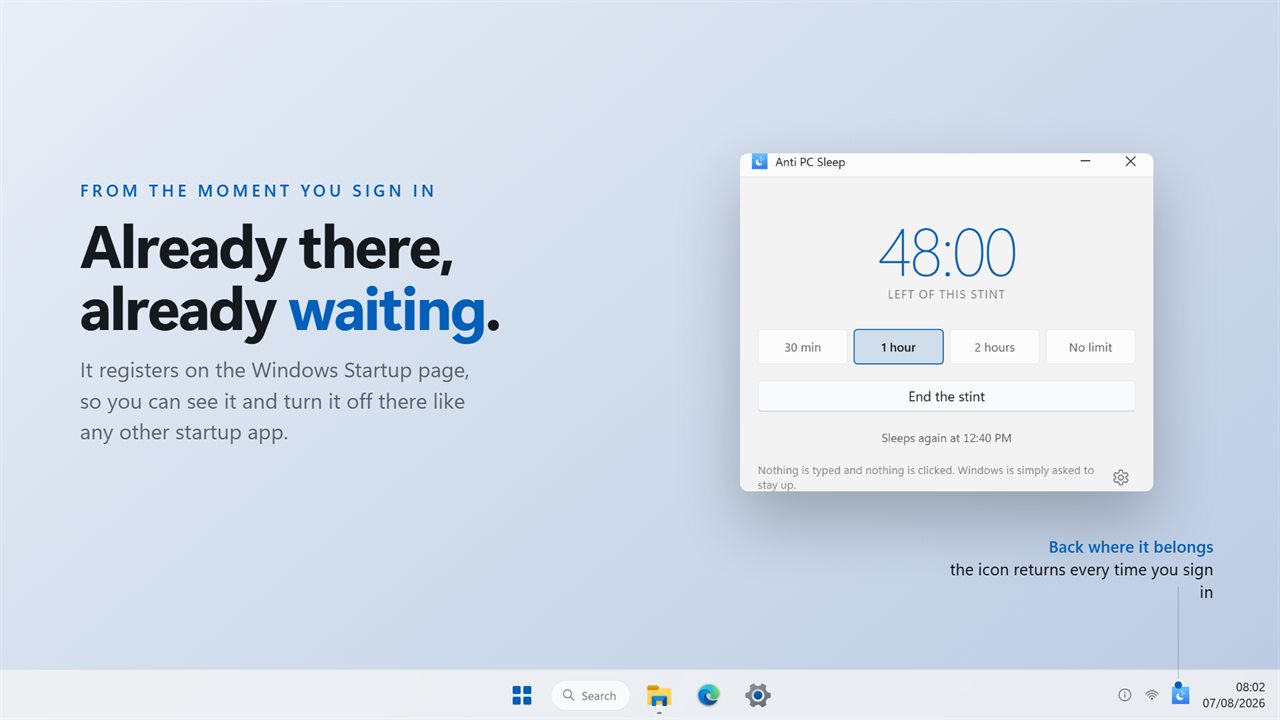 Registers on the Windows Startup page, so you can control it there.