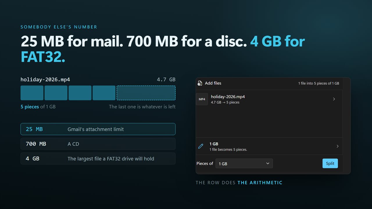 25 MB for mail, 700 MB for a disc, 4 GB for a FAT32 drive.