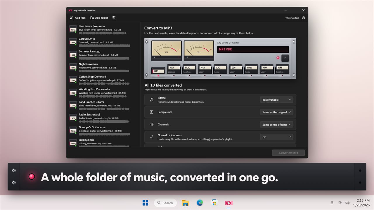 A whole folder of music, converted in one go.