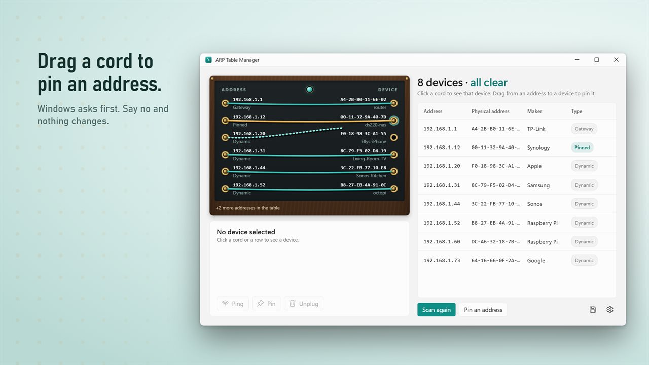 Drag a cord from an address to a device to pin it.