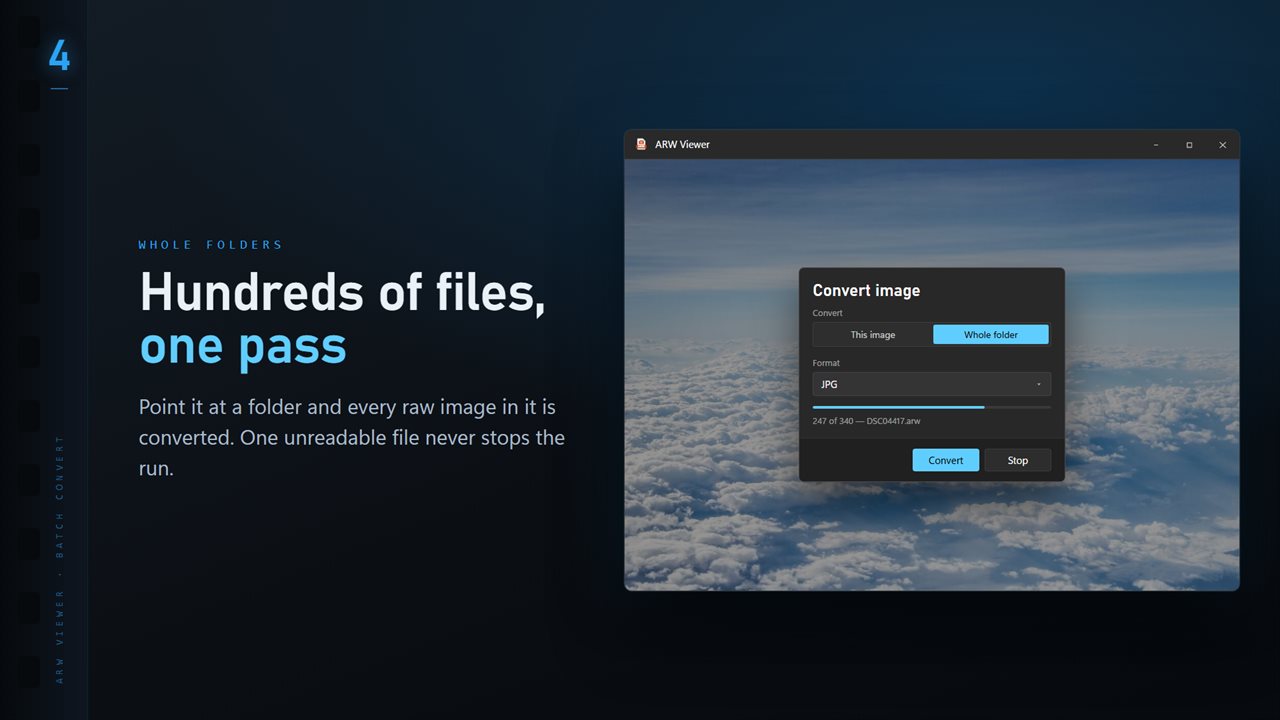 Convert a whole folder in one pass. One unreadable file never stops the run.