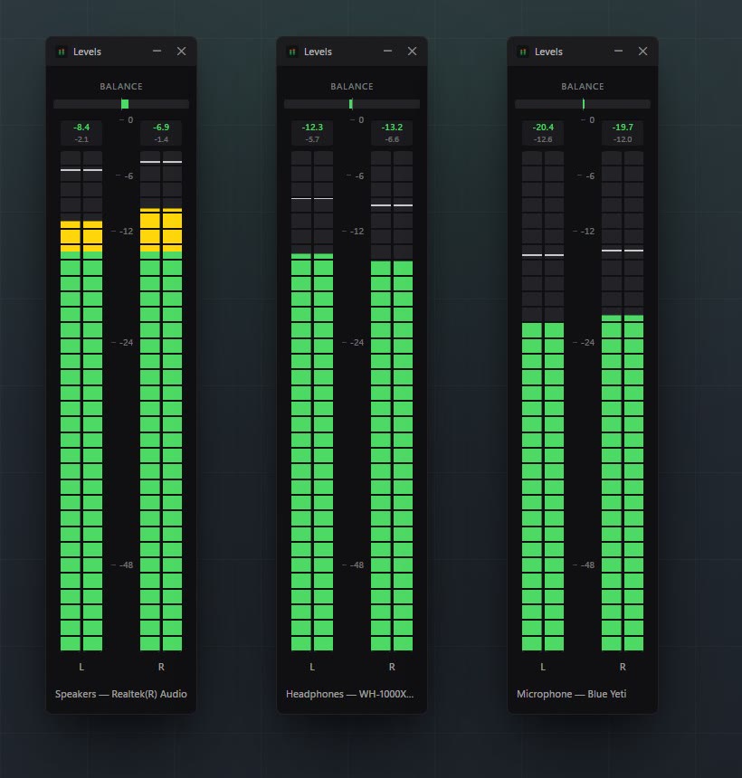 Three Audio Levels Monitor meters watching speakers, headphones and a microphone at the same time