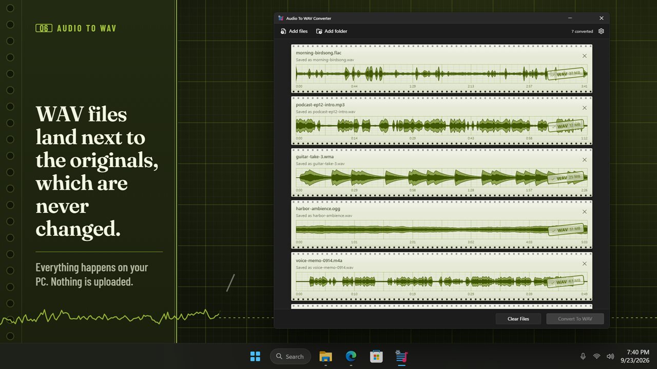 WAV files land next to the originals, which are never changed.