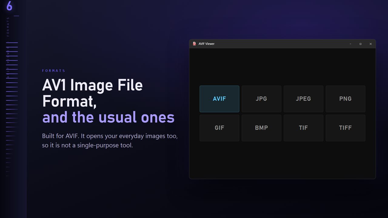 AVIF plus the everyday formats: JPG, PNG, GIF, BMP and TIFF.