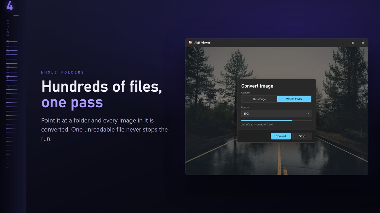 Convert a whole folder in one pass. One unreadable file never stops the run.