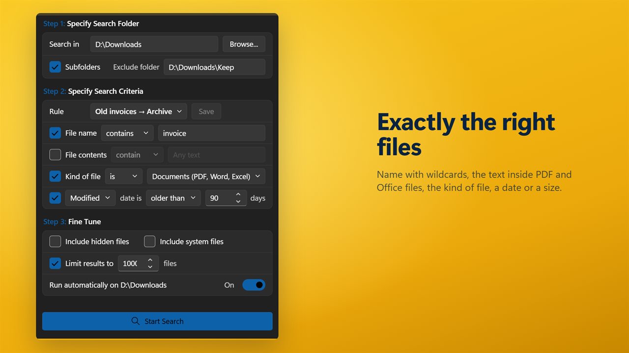 Search by name, contents, kind, date or size.
