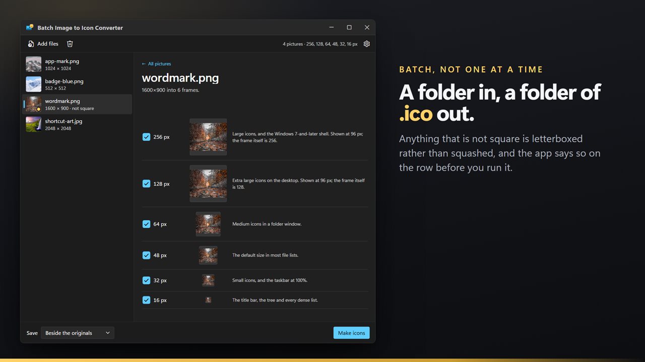 Batch, not one at a time — a folder in, a folder of .ico out.