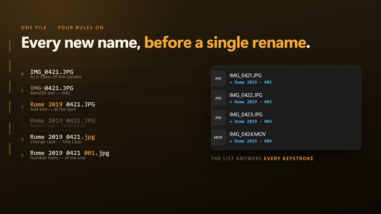 Every new name, before a single file is renamed.