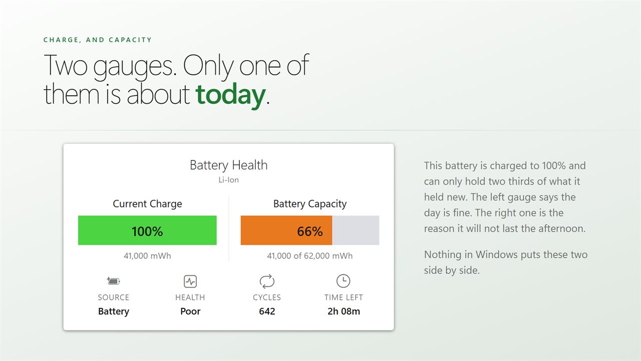 Charged to 100% and holding two thirds of what it held new — the two gauges answer different questions.