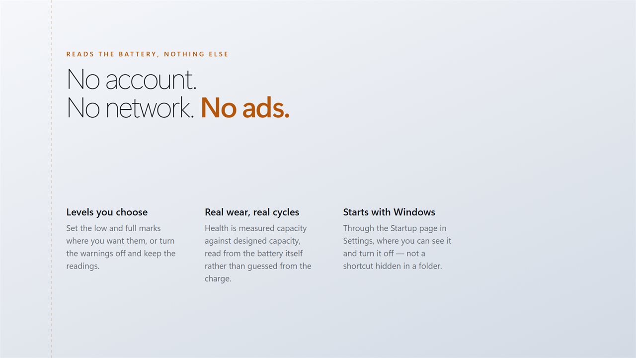 Read from the battery hardware. No account, no tracking, no ads.