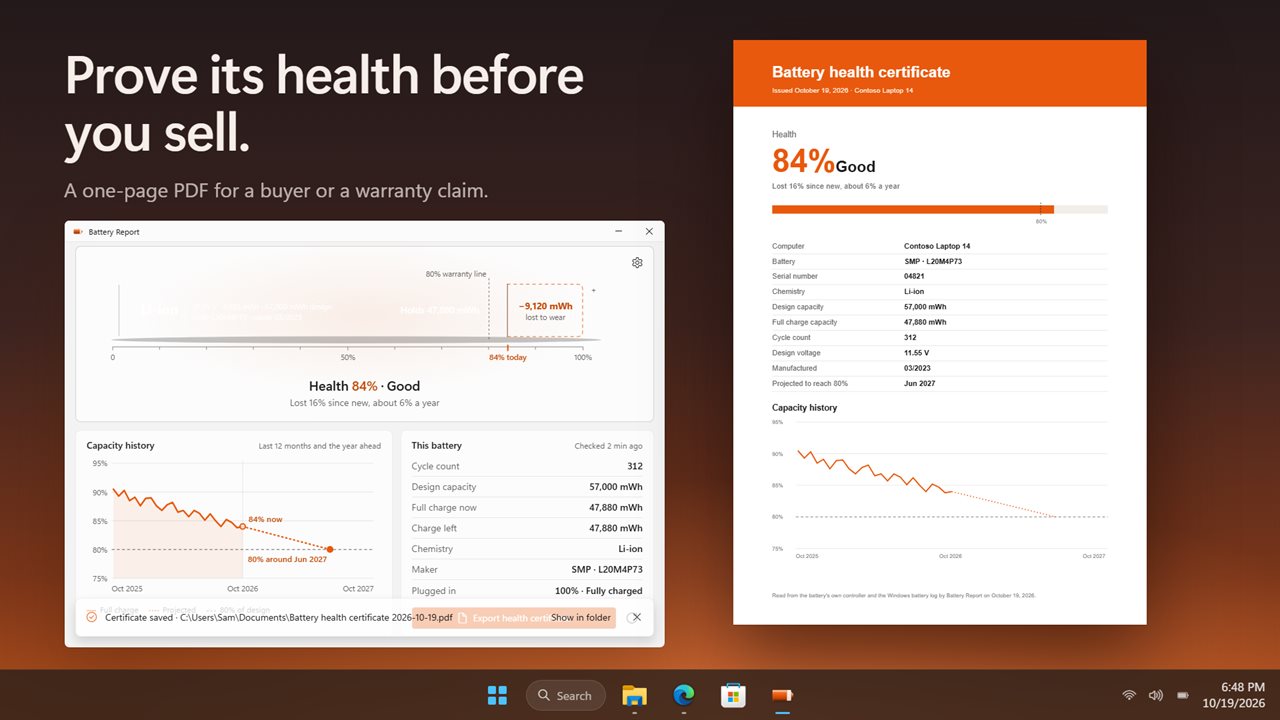 Export a one-page health certificate for a buyer or a warranty claim.