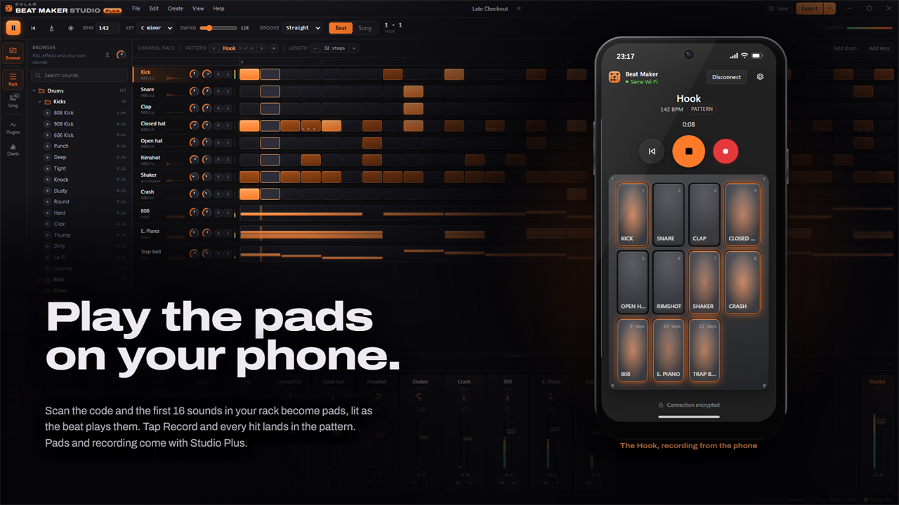Play your rack from pads on your phone and record the hits, with Studio Plus. No app to install, no account, and an encrypted link straight to your PC.