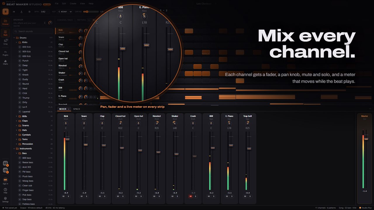 A fader, pan, mute, solo and a live meter on every channel.