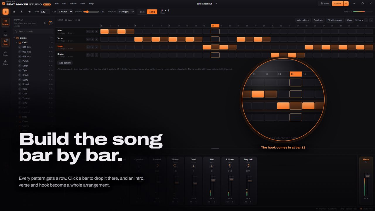 Song mode: drop patterns onto bars to build the arrangement.
