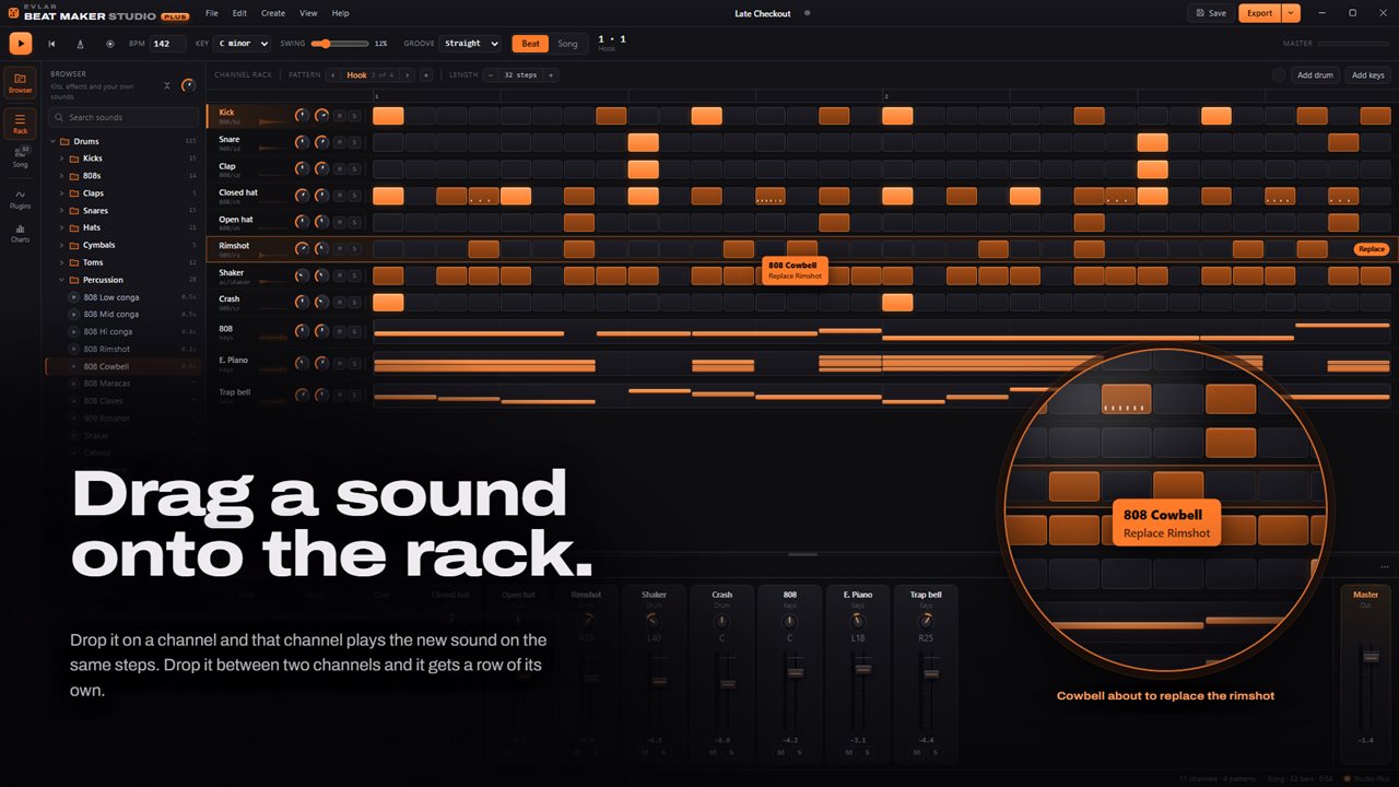 Drag a sound from the browser onto a channel to swap it, or between two to add it.