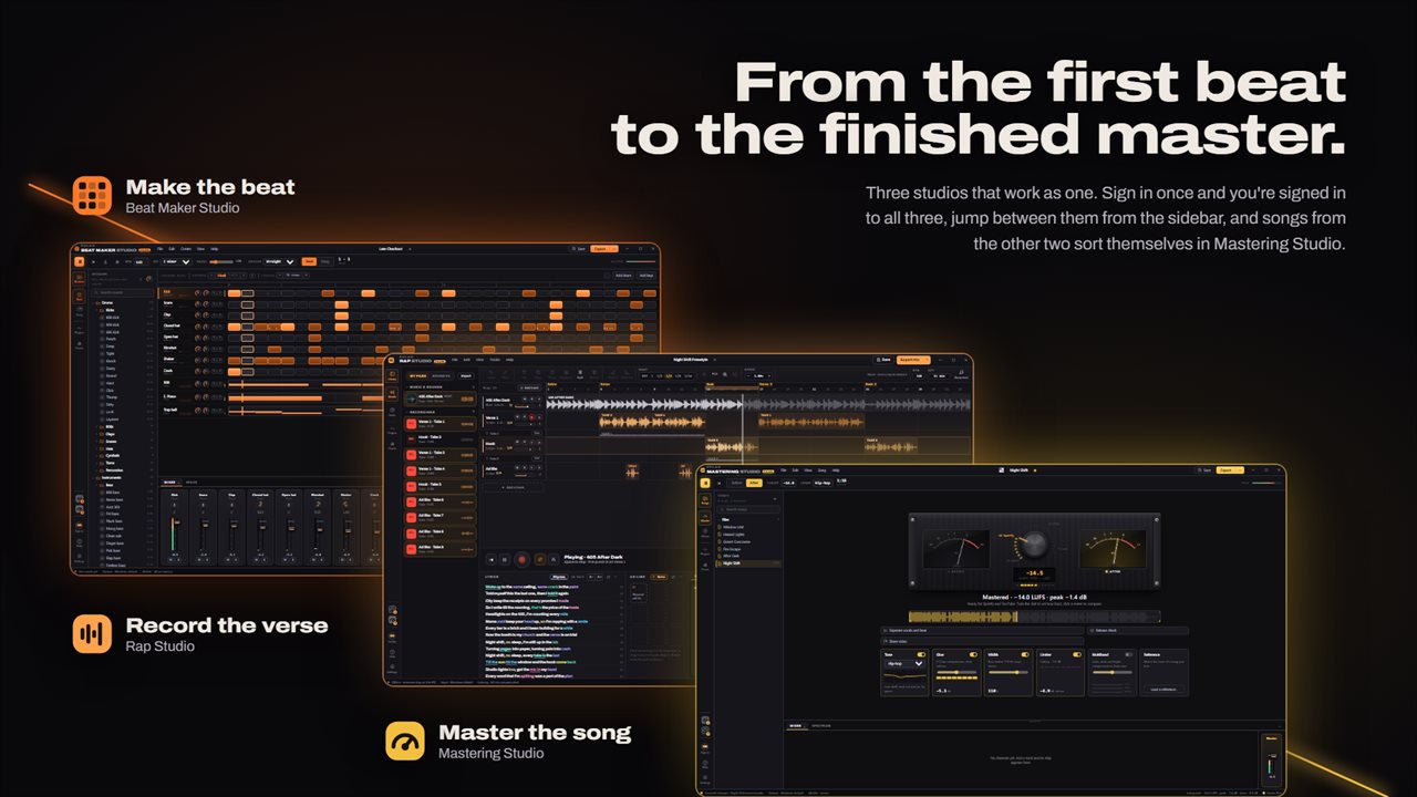 From the first beat to the finished master: one sign-in across all three studios.
