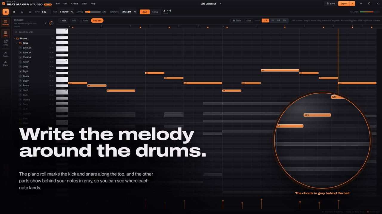 Write a melody on the piano roll, next to the drums it has to fit.
