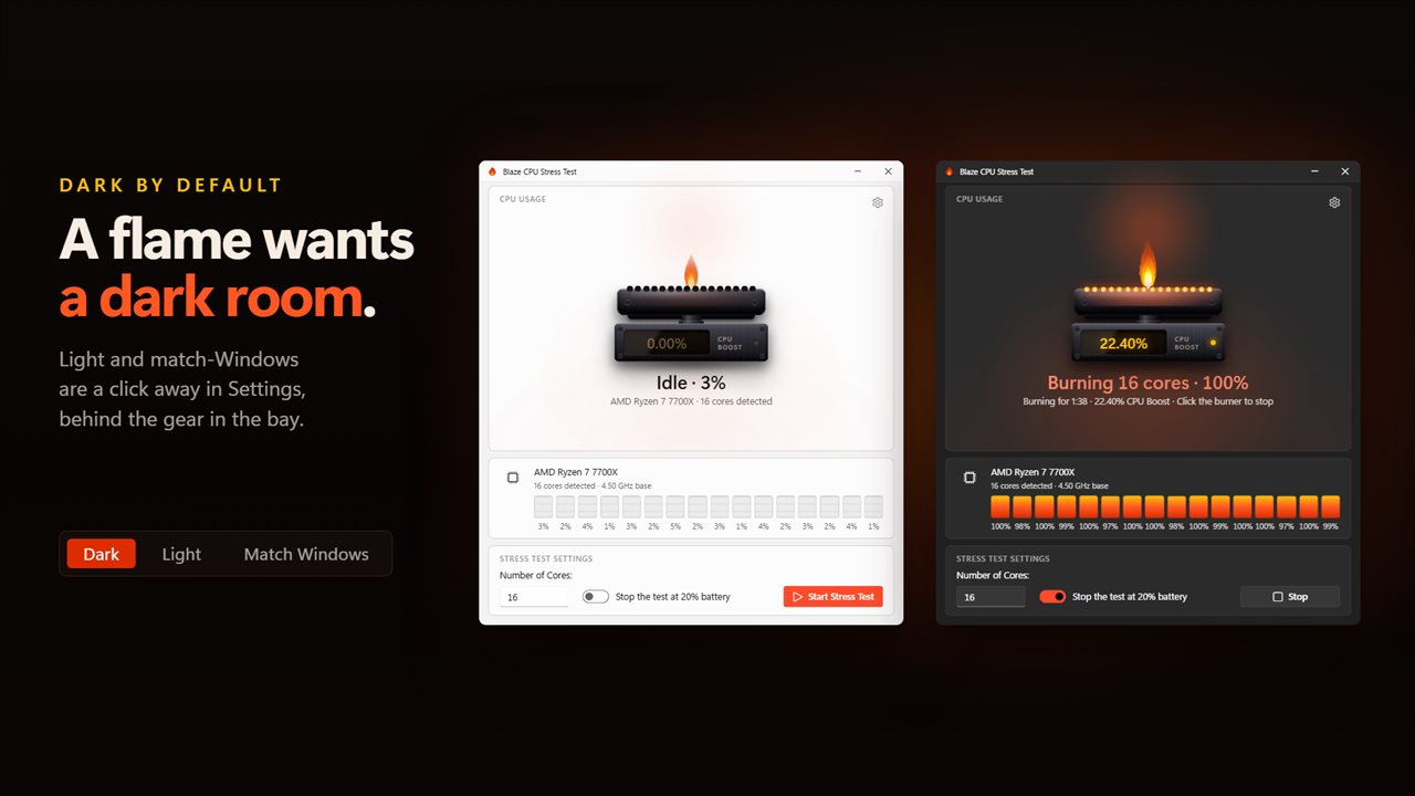 Dark by default, with light and match-Windows themes.