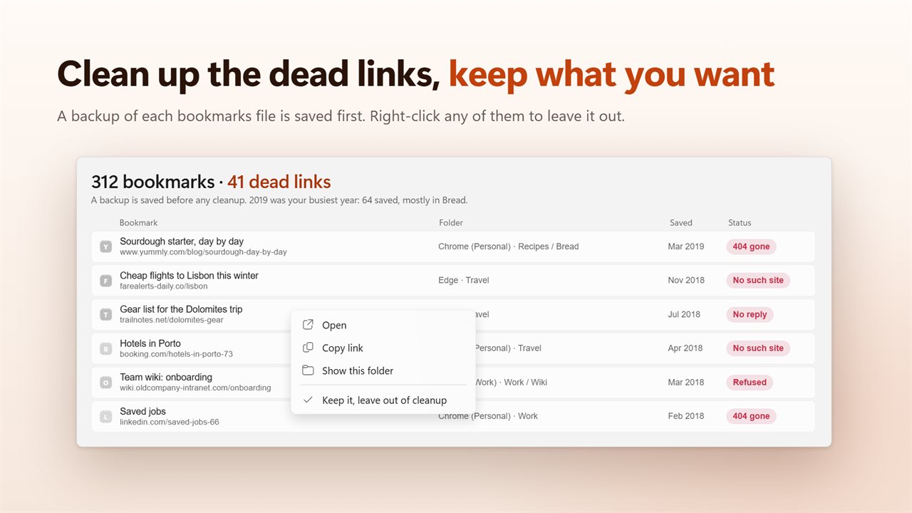 Clean up dead links and duplicates, with a backup saved first.