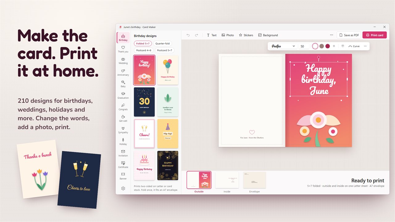 Pick a design, change the words and print the card at home.