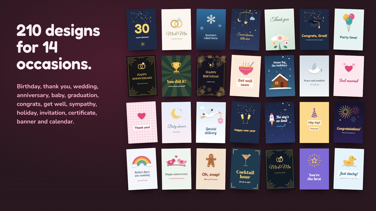 210 designs for 14 occasions, from birthdays and weddings to holidays.