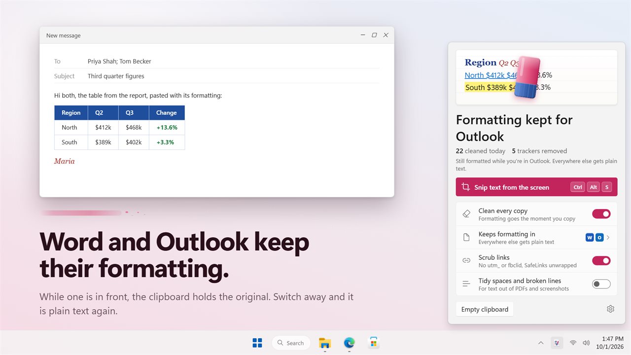 Word and Outlook keep their formatting; everywhere else gets plain text.