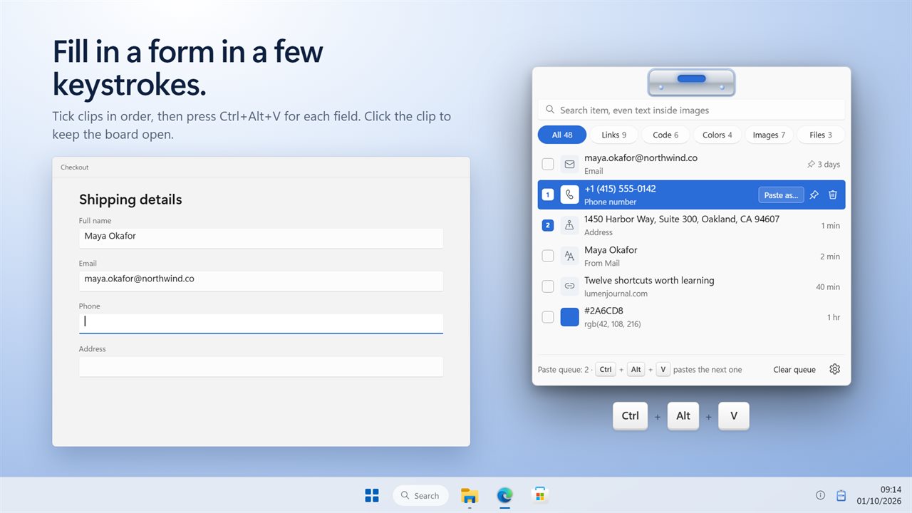 Tick a few clips, then press Ctrl+Alt+V to paste them in order.