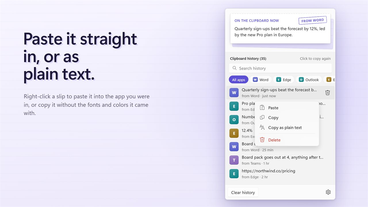 Paste, copy, or copy as plain text from any slip.