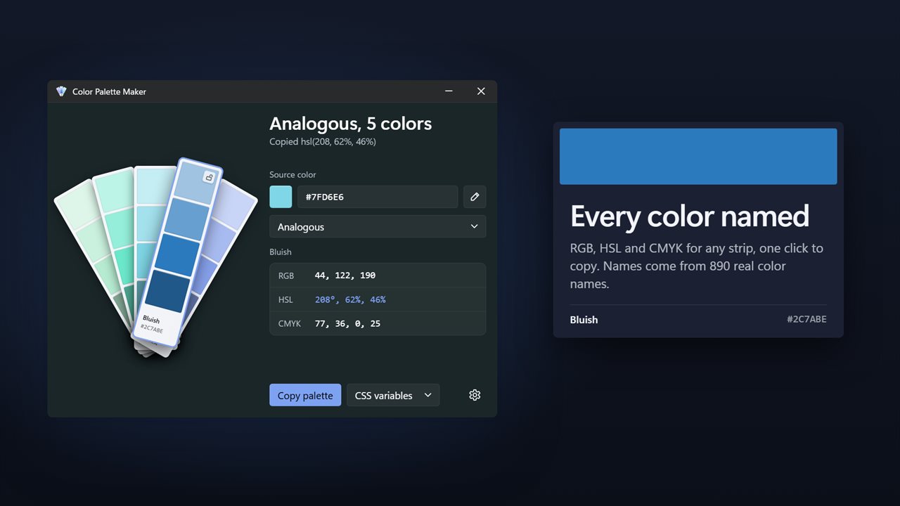 Every color named, with RGB, HSL and CMYK one click away.