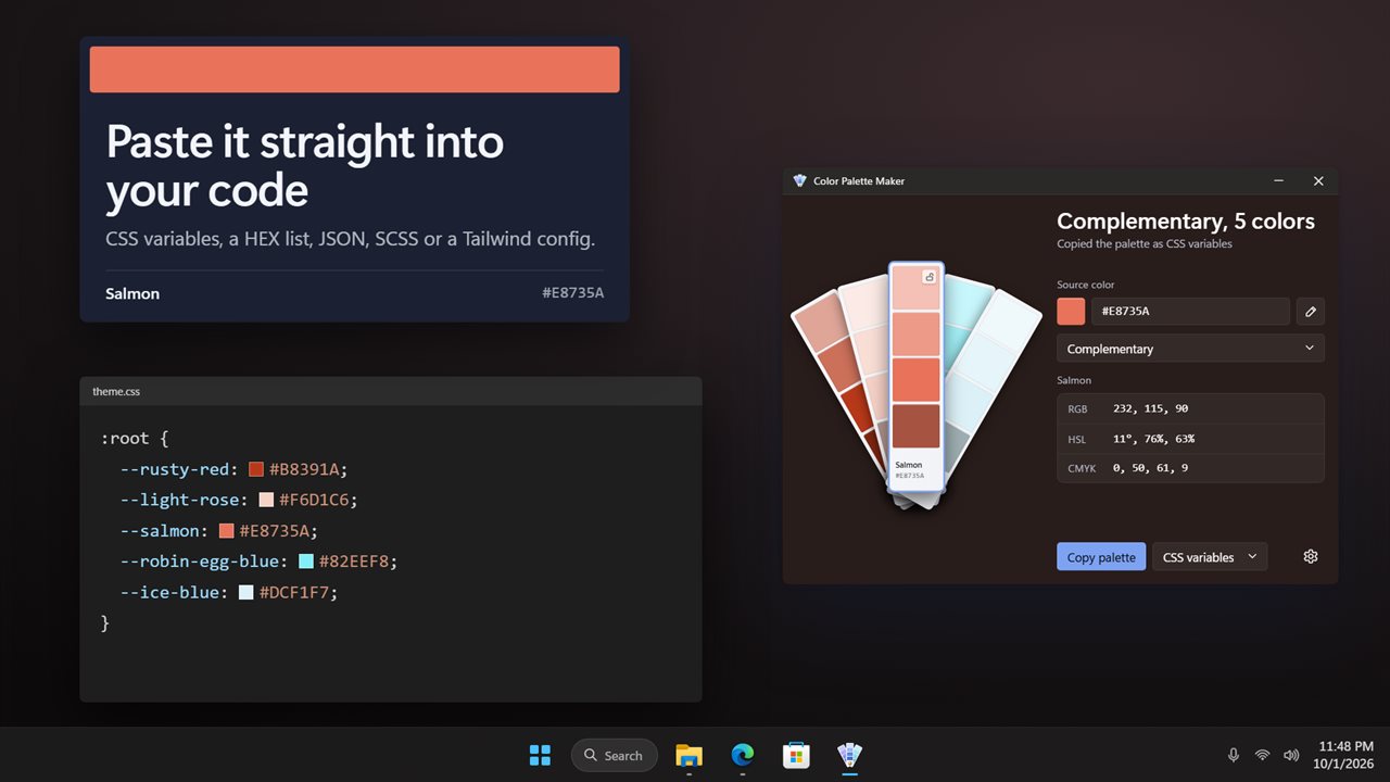 Copy the palette as CSS, SCSS, JSON, Tailwind or hex.