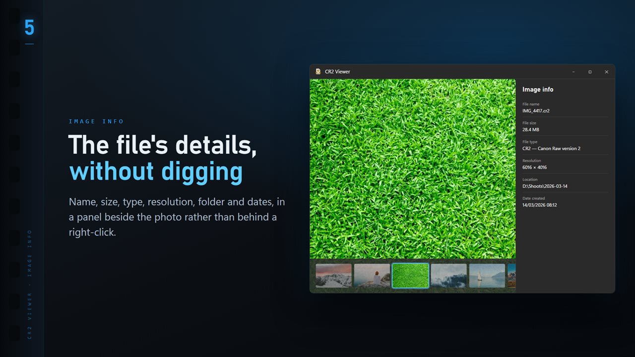Name, size, type, resolution and dates, in a panel beside the image.