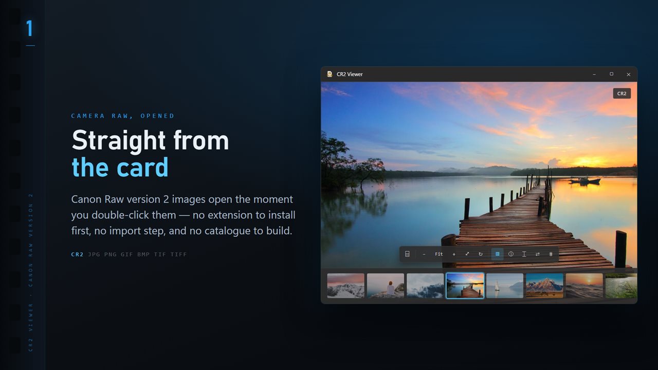 CR2 files open the moment you double-click them, with the whole folder along the bottom.