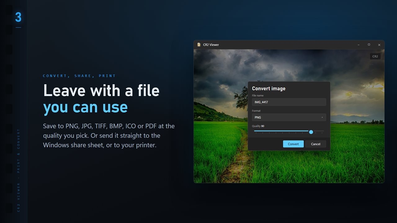 Save to PNG, JPG, TIFF, BMP, ICO or PDF at the quality you pick.