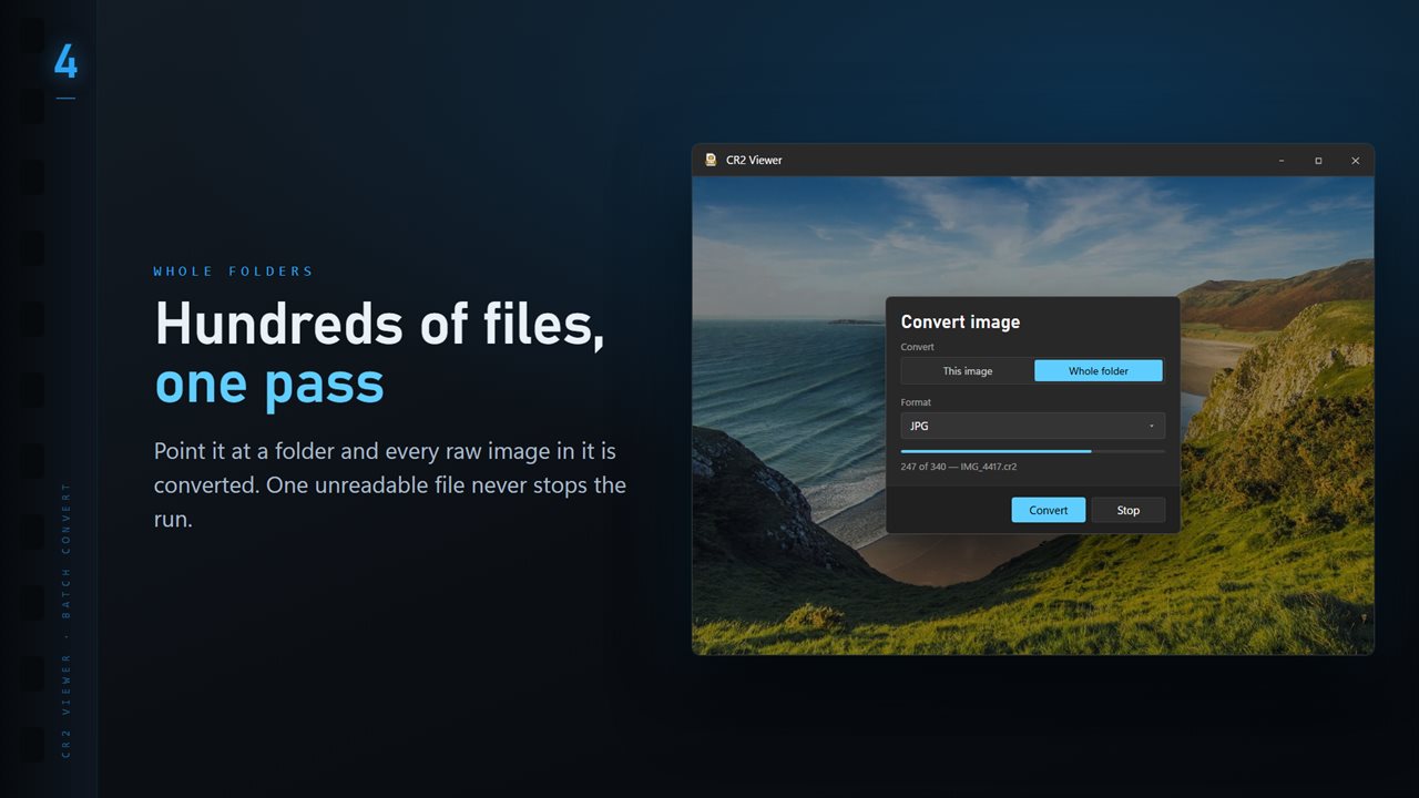 Convert a whole folder in one pass. One unreadable file never stops the run.