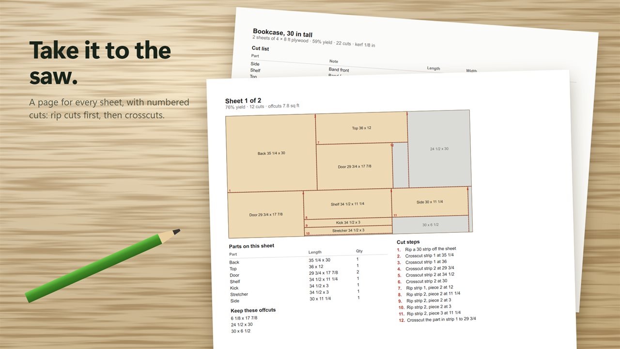 Print the cut list with a diagram and numbered cut steps for every sheet.
