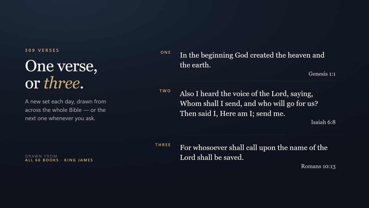 One verse, or two, or three — a new set each day, drawn from across the whole Bible.