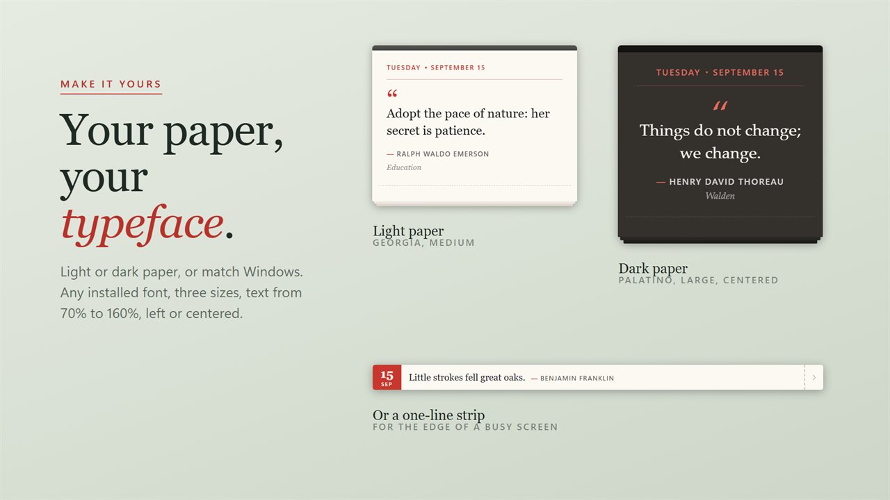 Light or dark paper, any installed font, three sizes, or a slim one-line strip.