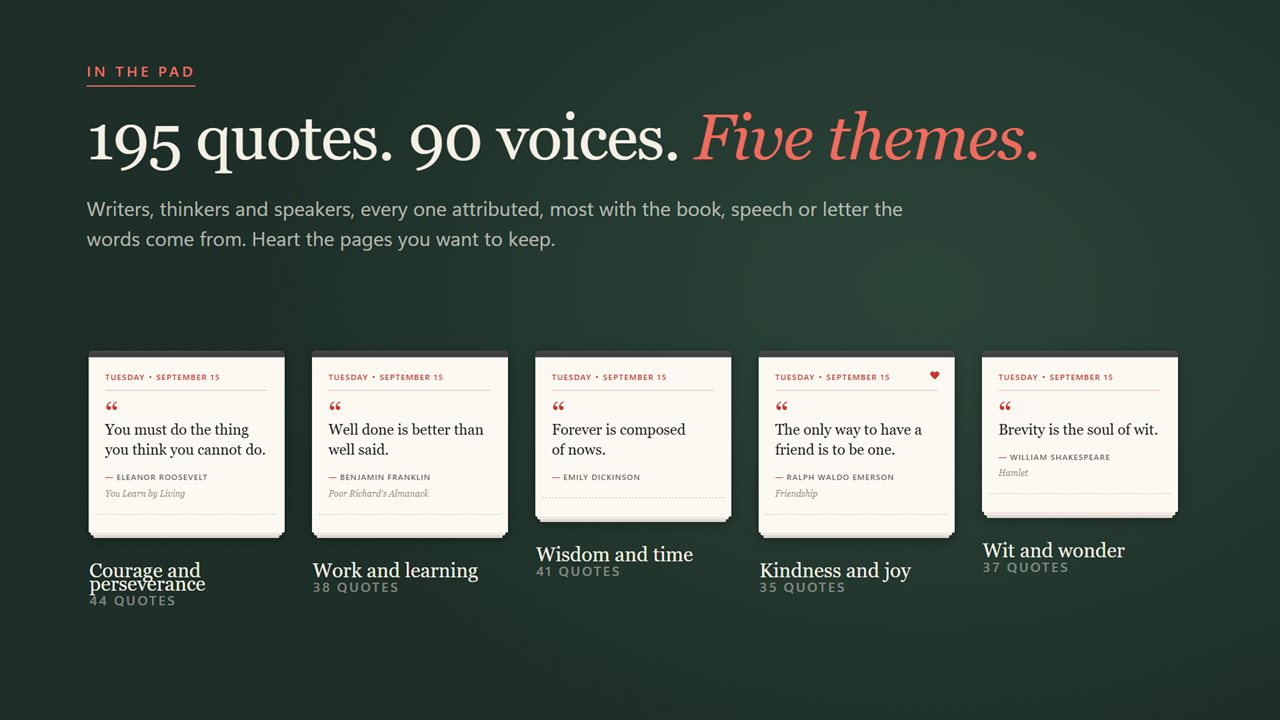 195 attributed quotes from 90 voices, across five themes. Keep the ones you love.