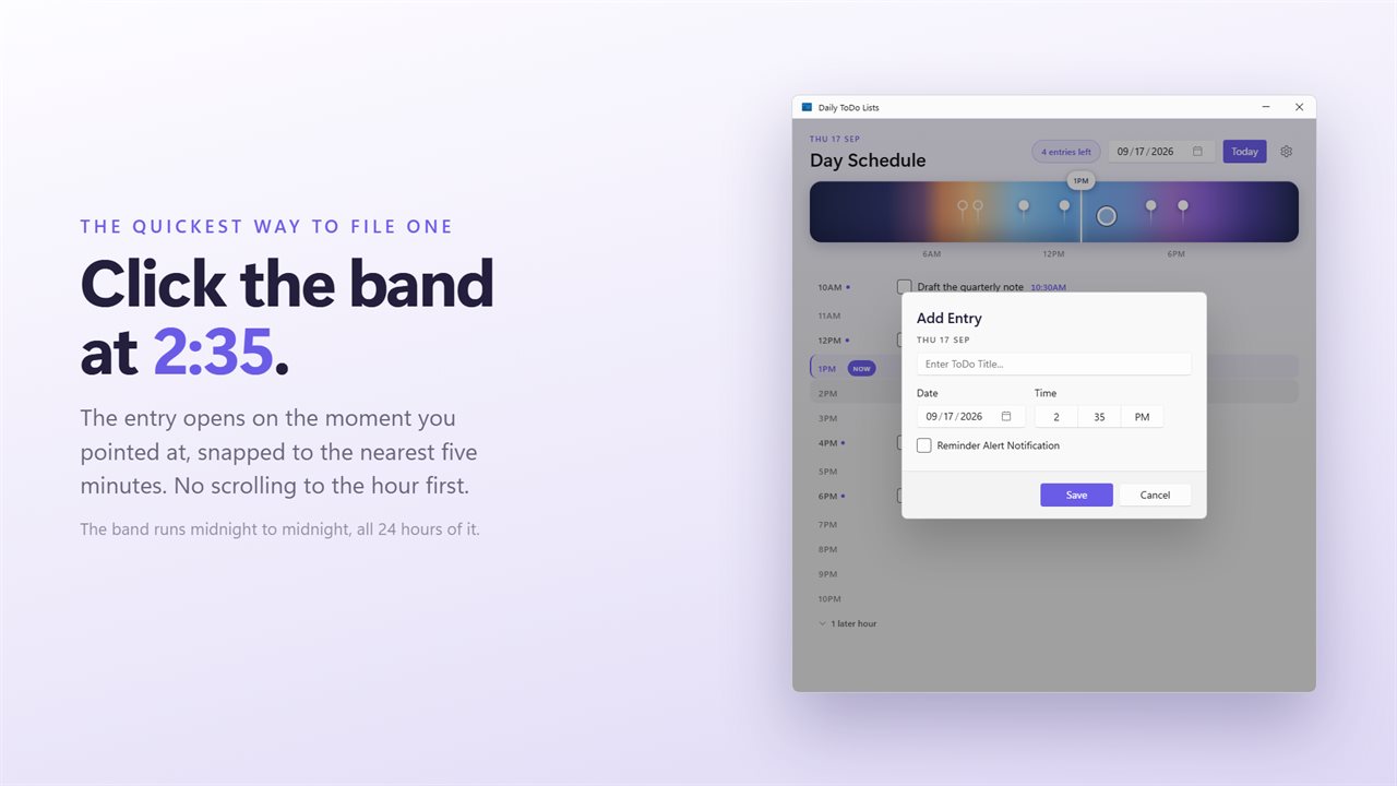 Click the band where something belongs and the entry opens at that minute.