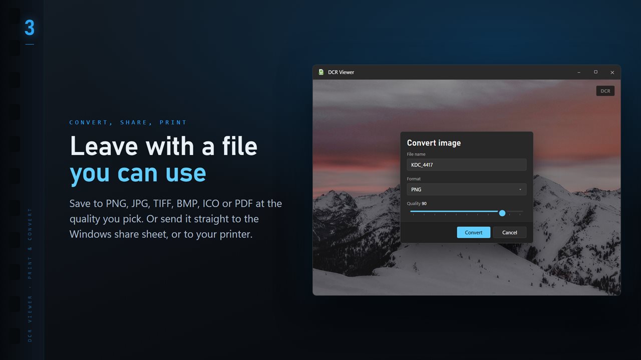 Save to PNG, JPG, TIFF, BMP, ICO or PDF at the quality you pick.