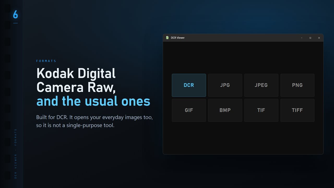 DCR plus the everyday formats: JPG, PNG, GIF, BMP and TIFF.